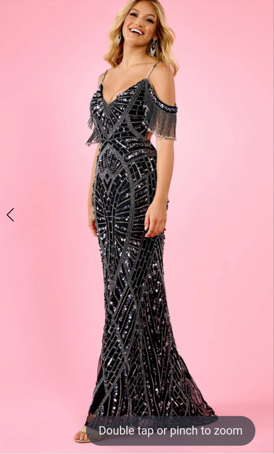70607 black sparkly fringed tassel Rachel Allan dress