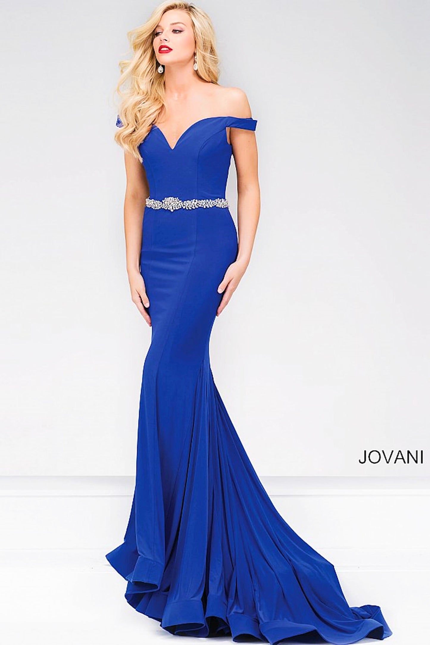 JOVANI royal blue off shoulder long train dress with crystal band