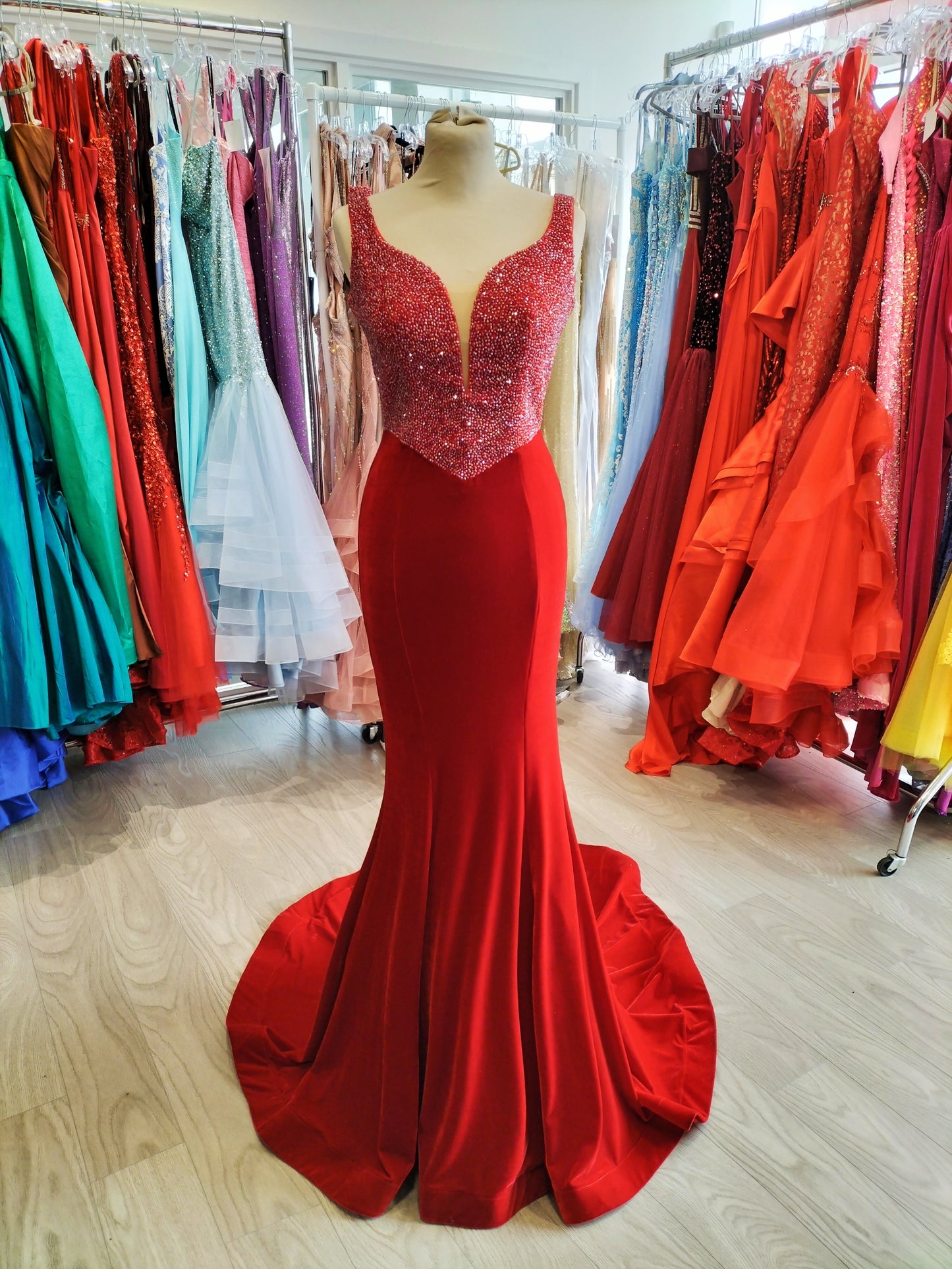 JOHNATHAN KAYNE velvet deep red dress with crystal bodice