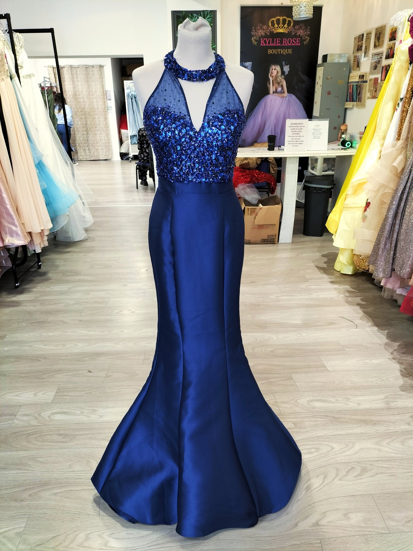 Deep royal blue satin dress with crystal bodice and bell bottom 💙💙💙💙💙💙       RRP £550