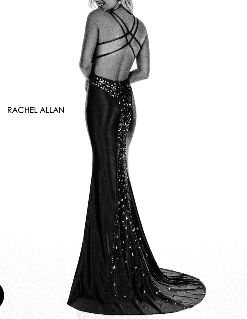Rachel Allan BLACK satin dress with crystal detailing