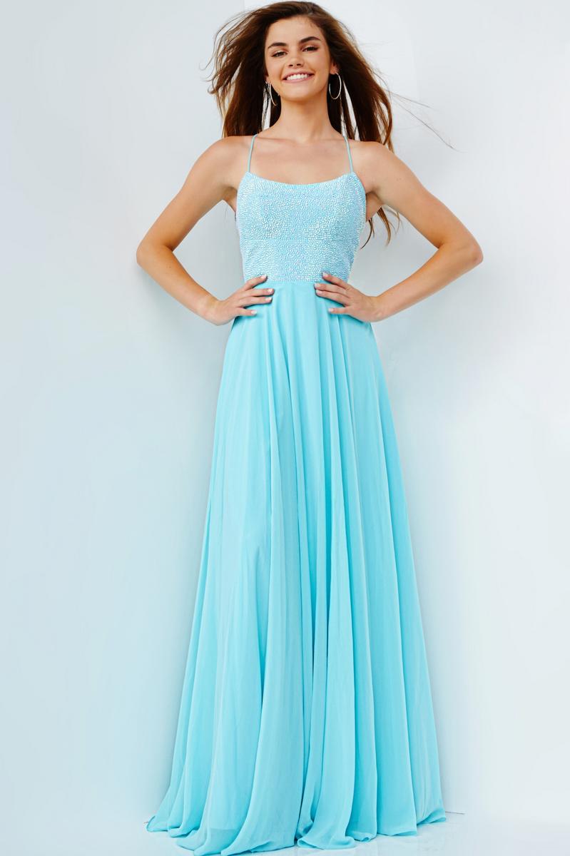 Jvn22288 light blue flowing dress with crystal embellished top and strappy back